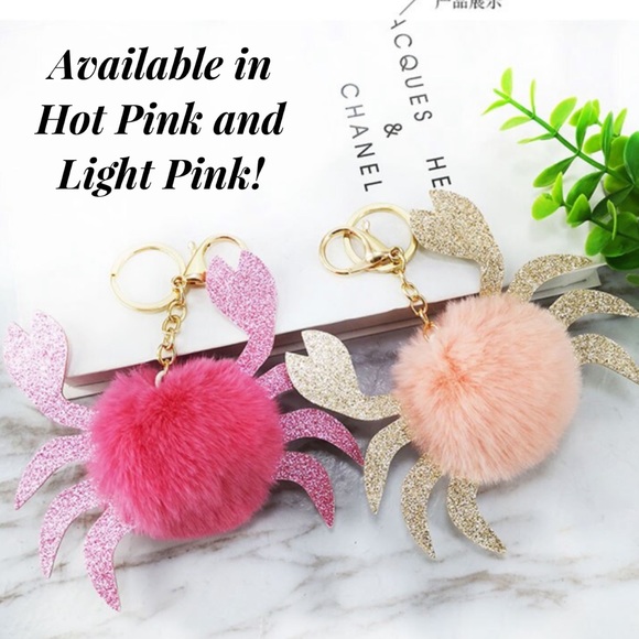 Blue Crab Pom Pom with Pink Glitter Claws Keychain Charm - Picture 9 of 12